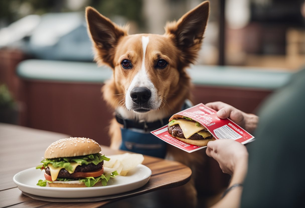 A dog eagerly devours a Smashburger burger, while a concerned owner looks on, holding a pamphlet titled "Health Implications of Feeding Burgers to Dogs.".