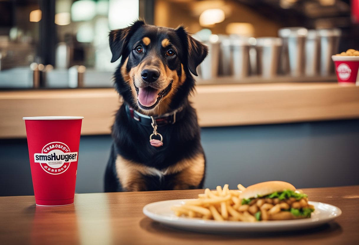 A happy dog with a wagging tail sits in front of a Smashburger burger, while a bowl of safe and healthy dog food sits nearby.