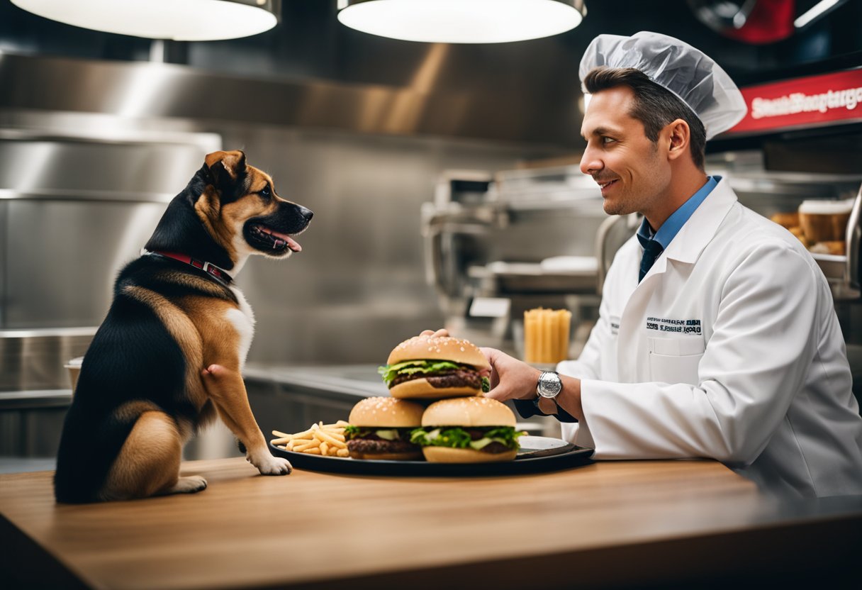 A dog and a veterinarian discussing Smashburger burgers.