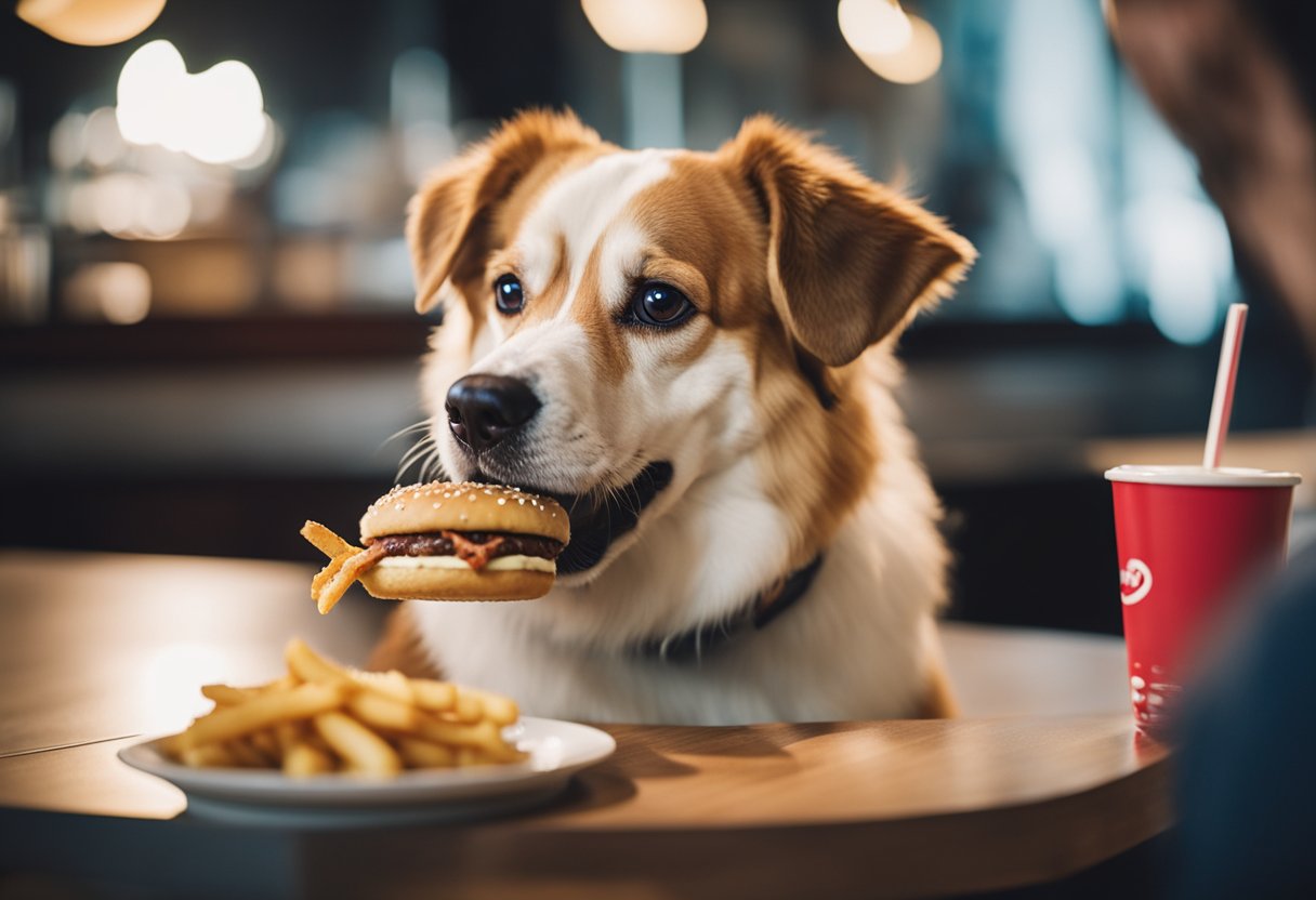 A dog eagerly chews on a Smashburger burger, with a curious expression and tail wagging in excitement