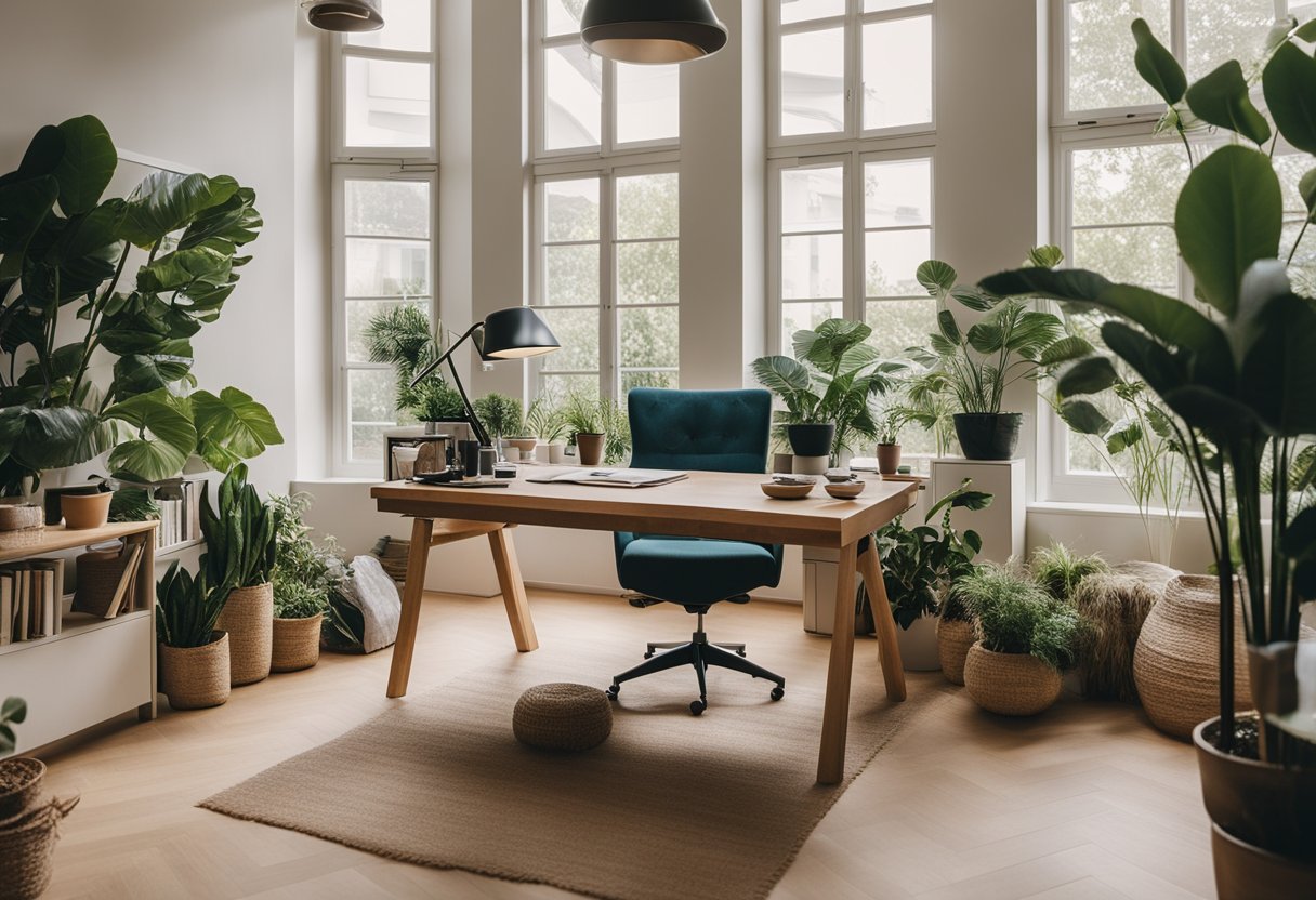 A cozy home office with natural light, ergonomic furniture, plants, and calming colors to support mental well-being