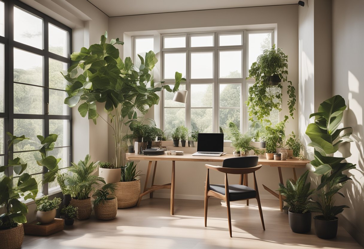 A sunlit home office with large windows, potted plants, and a nature-inspired color scheme. A cozy reading nook with a view of greenery