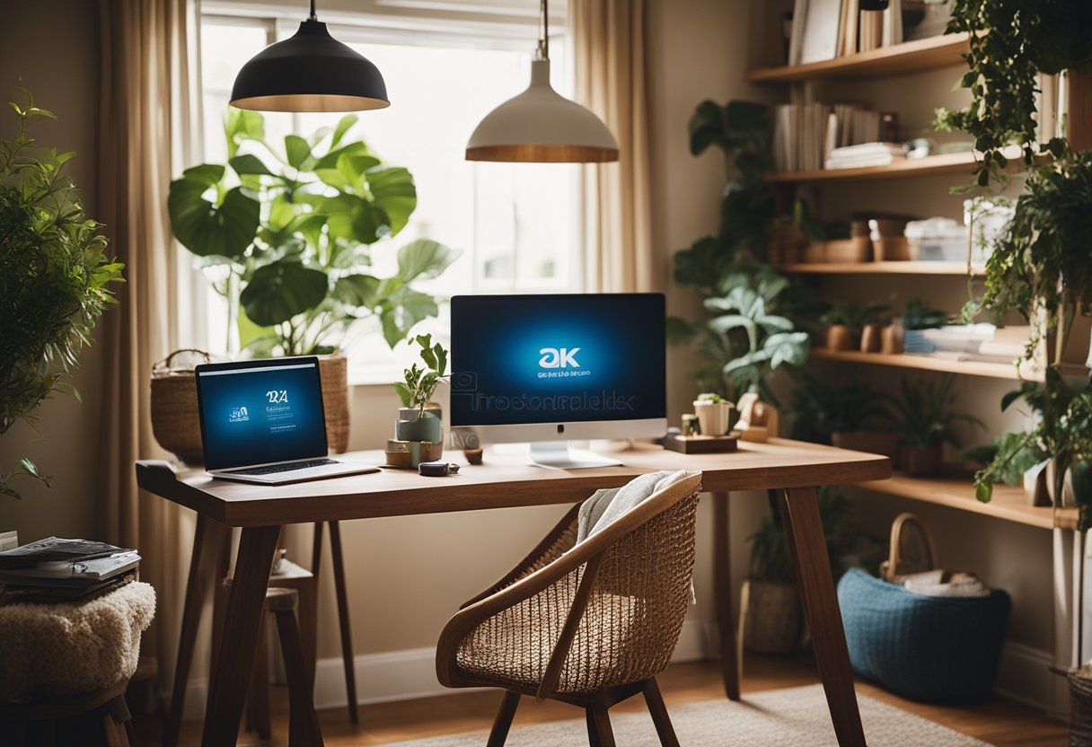 A cozy home office with warm, earthy tones and pops of calming blues and greens. Soft lighting and natural elements create a serene and inviting atmosphere