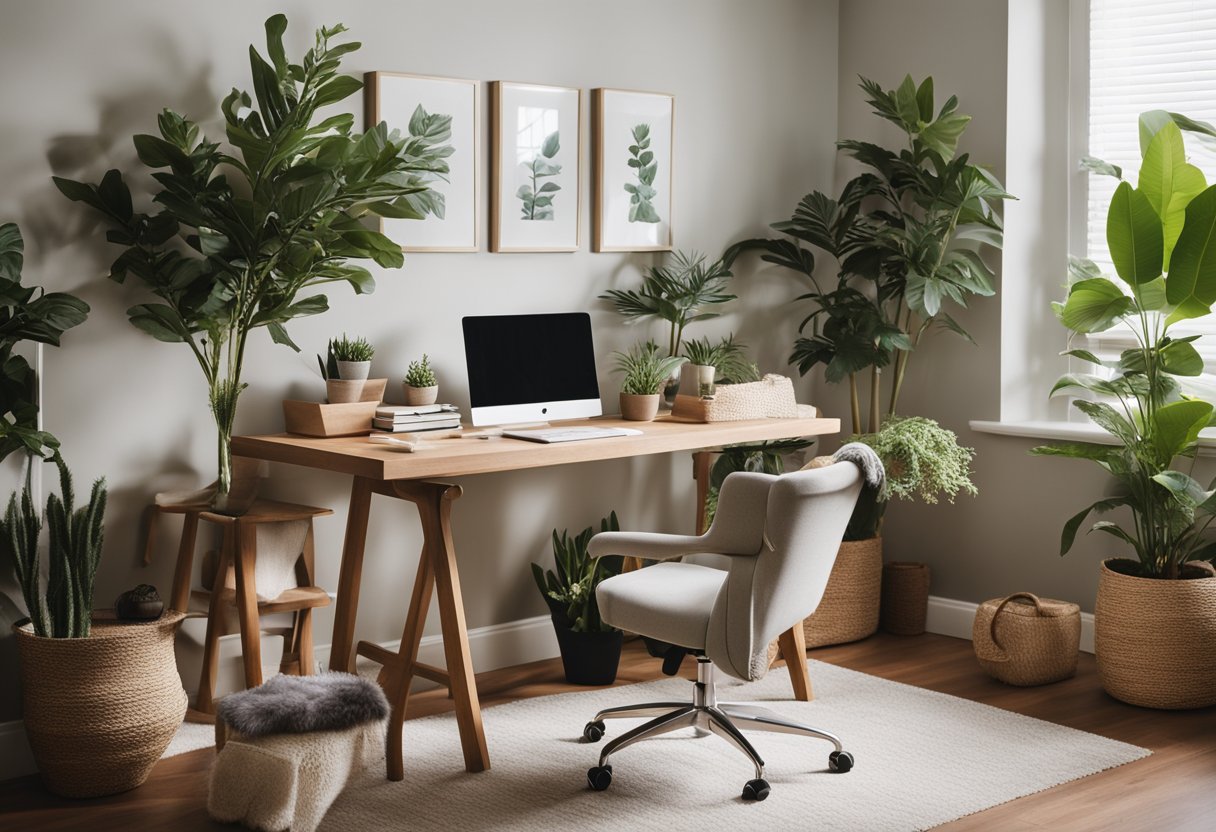 A cozy home office with calming colors, natural light, plants, and personal touches like photos and artwork, creating a welcoming and supportive environment for mental health