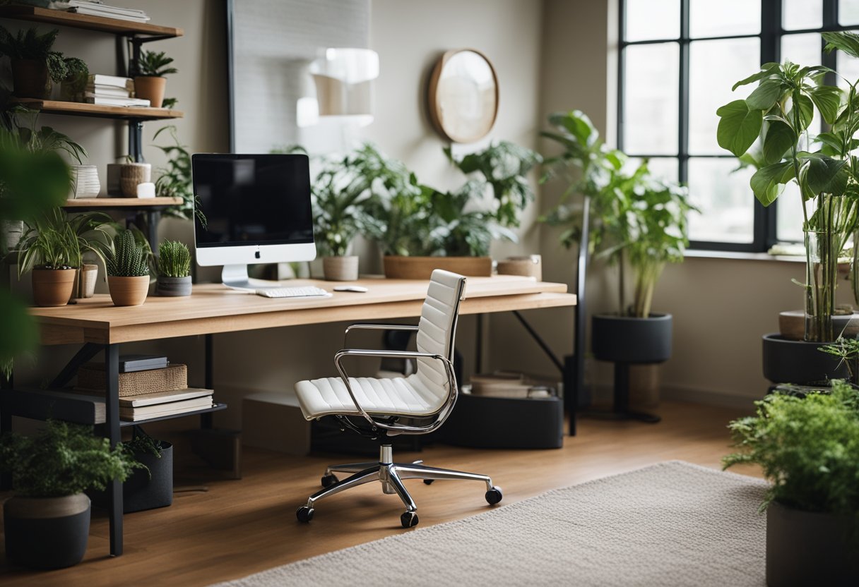 A clutter-free desk with ergonomic chair, natural lighting, plants, and calming colors. Shelves for organization, a comfortable rug, and a designated space for breaks