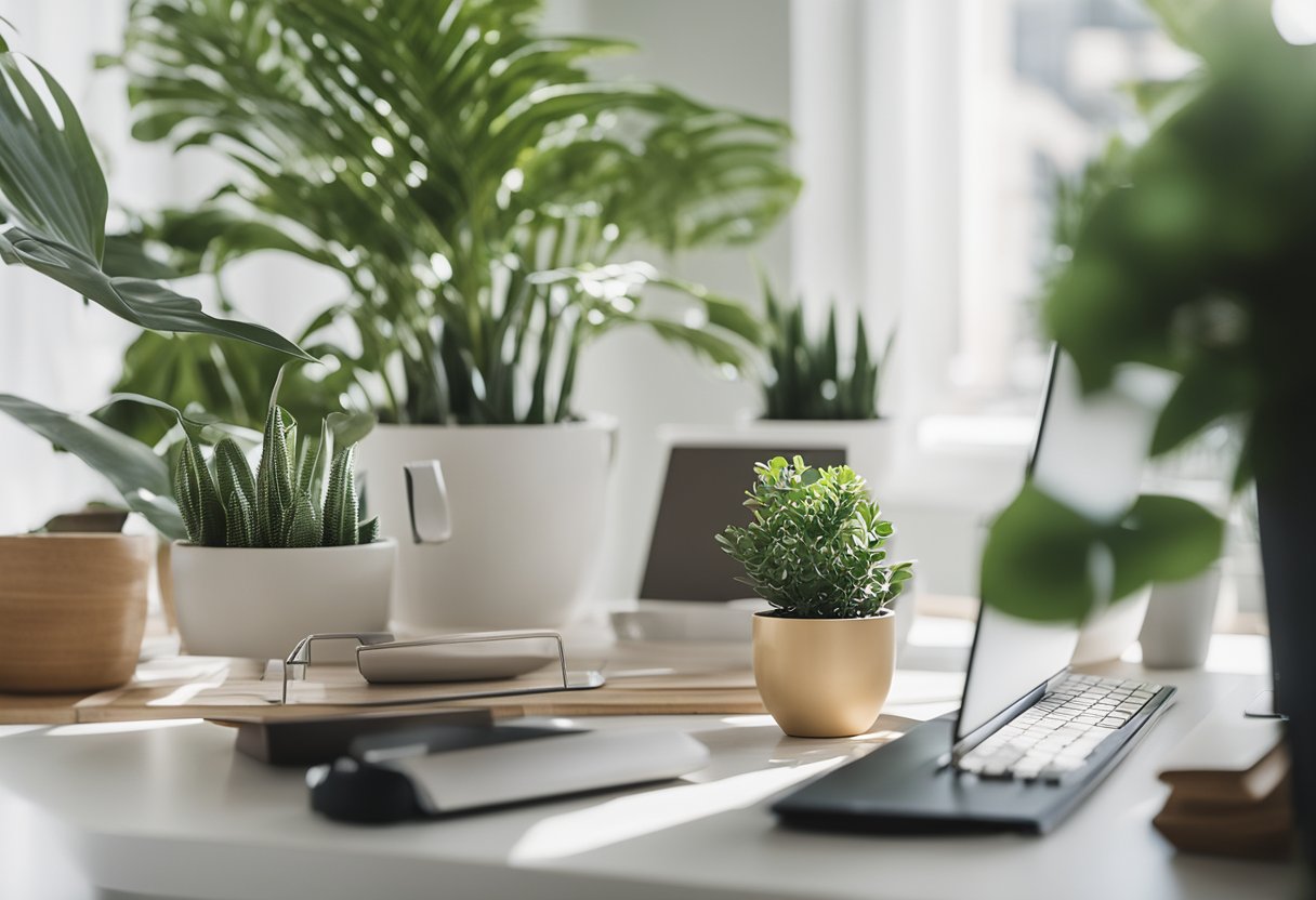 A bright, organized home office with natural light, ergonomic furniture, calming colors, and plants. A computer with mental health resources and a cozy space for relaxation and mindfulness activities