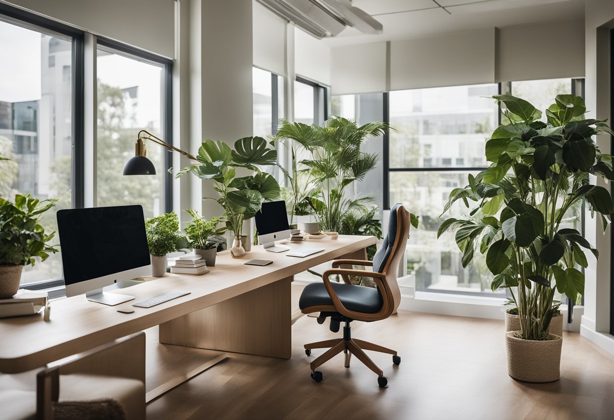 A spacious home office with natural light, ergonomic furniture, and calming colors. Plants and artwork add a touch of nature and creativity. Adjustable standing desk and comfortable seating options promote physical and mental well-being