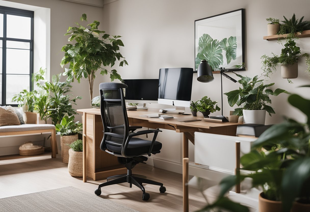 A cozy home office with natural light, plants, and comfortable furniture. Separate work and personal areas to promote mental well-being