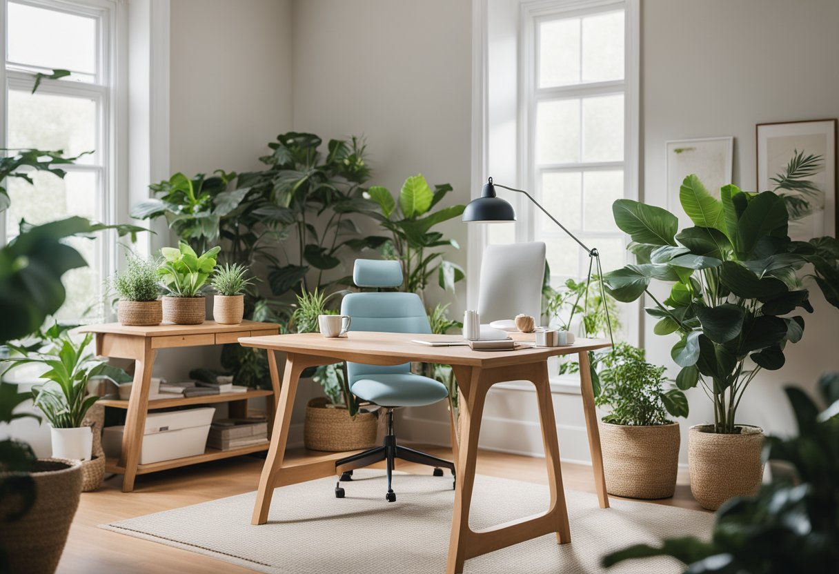 A bright, airy home office with plants, natural lighting, ergonomic furniture, and calming colors. A standing desk, yoga mat, and meditation corner promote physical activity and mental wellness