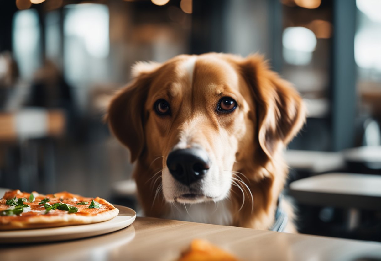 A dog eagerly sniffs a box of Blaze Pizza, a slice in its mouth.