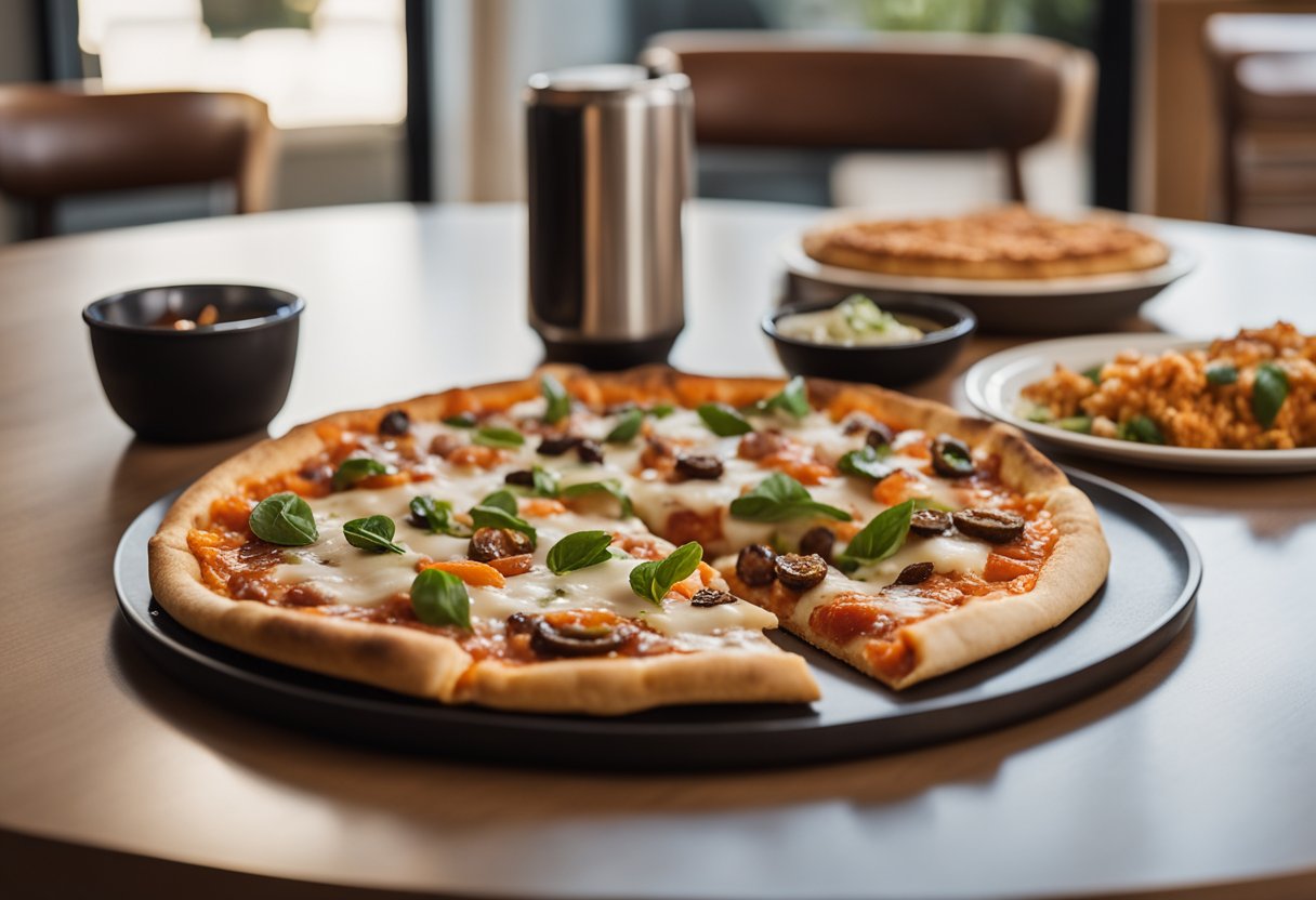 A dog eagerly eyes a fresh slice of Blaze Pizza on a table, while a bowl of balanced canine-friendly food sits nearby.