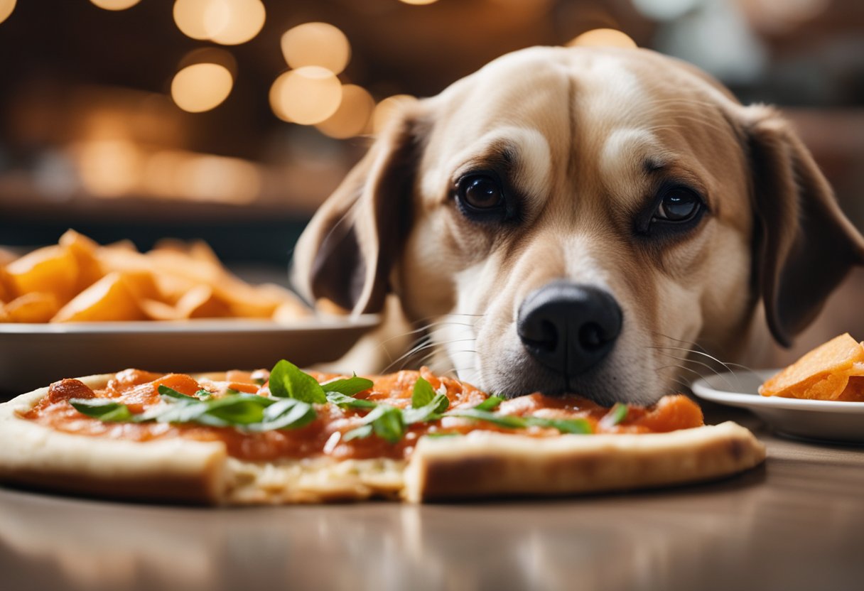 Ingredients scattered on a table, a curious dog sniffing a slice of Blaze Pizza, with a concerned expression.