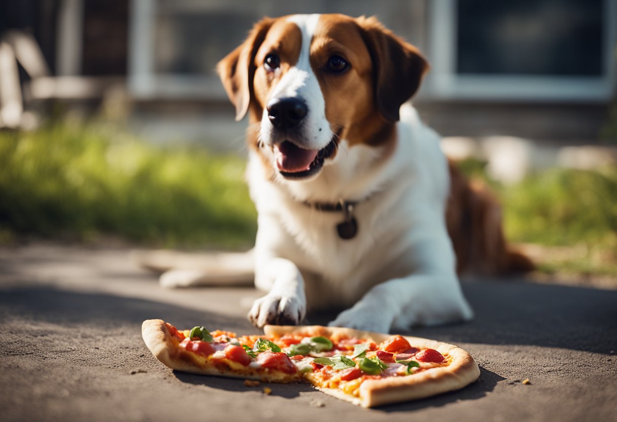 A dog eagerly approaches a slice of pizza on the ground, while a concerned owner looks on. The pizza is topped with colorful and aromatic ingredients, and the dog's tail wags in anticipation.