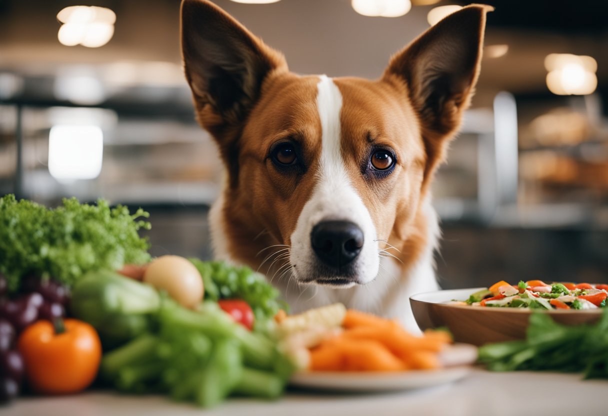 A dog eagerly sniffs a bowl of fresh vegetables, fruits, and lean meats, while a slice of Blaze Pizza sits untouched nearby.