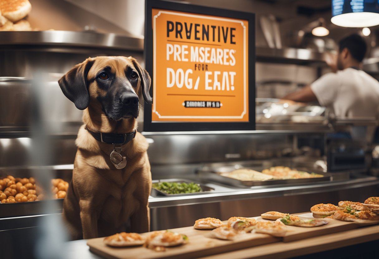 A dog owner placing a bowl of dog-friendly food next to a sign reading "Preventive Measures for Dog Owners Can Dogs Eat Blaze Pizza?"