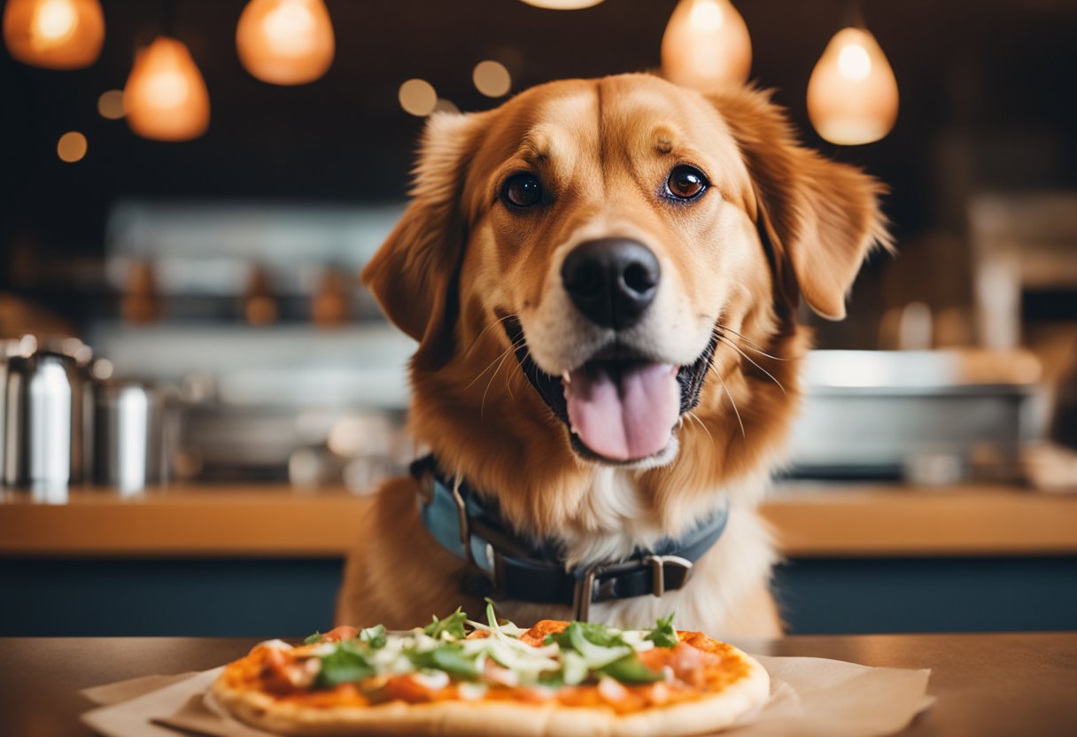 A happy dog sits next to a freshly baked Blaze Pizza, looking eager to take a bite. The pizza is topped with colorful and appetizing ingredients, with steam rising from it