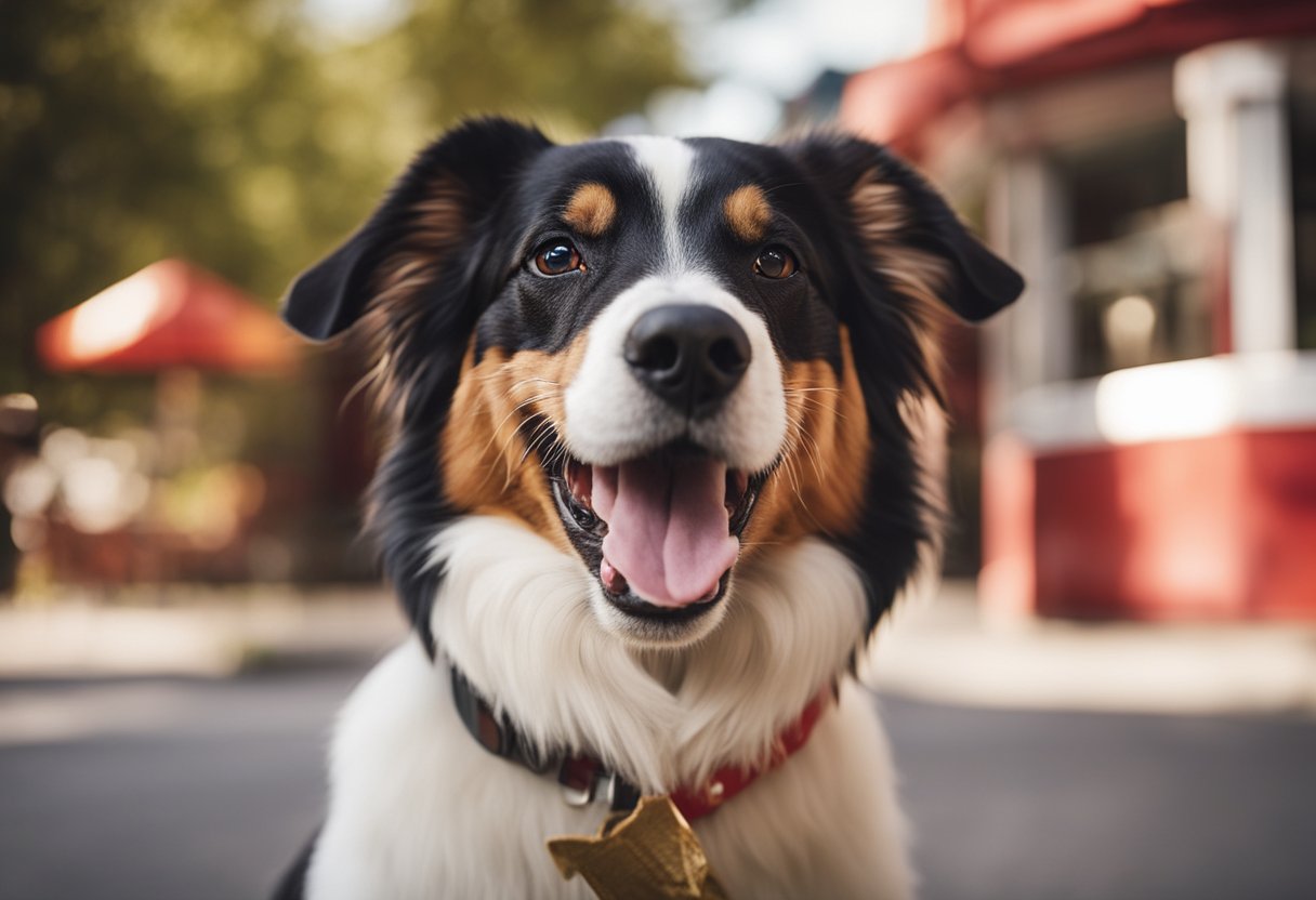 A happy dog eagerly eats a Firehouse Subs sandwich, wagging its tail with excitement.