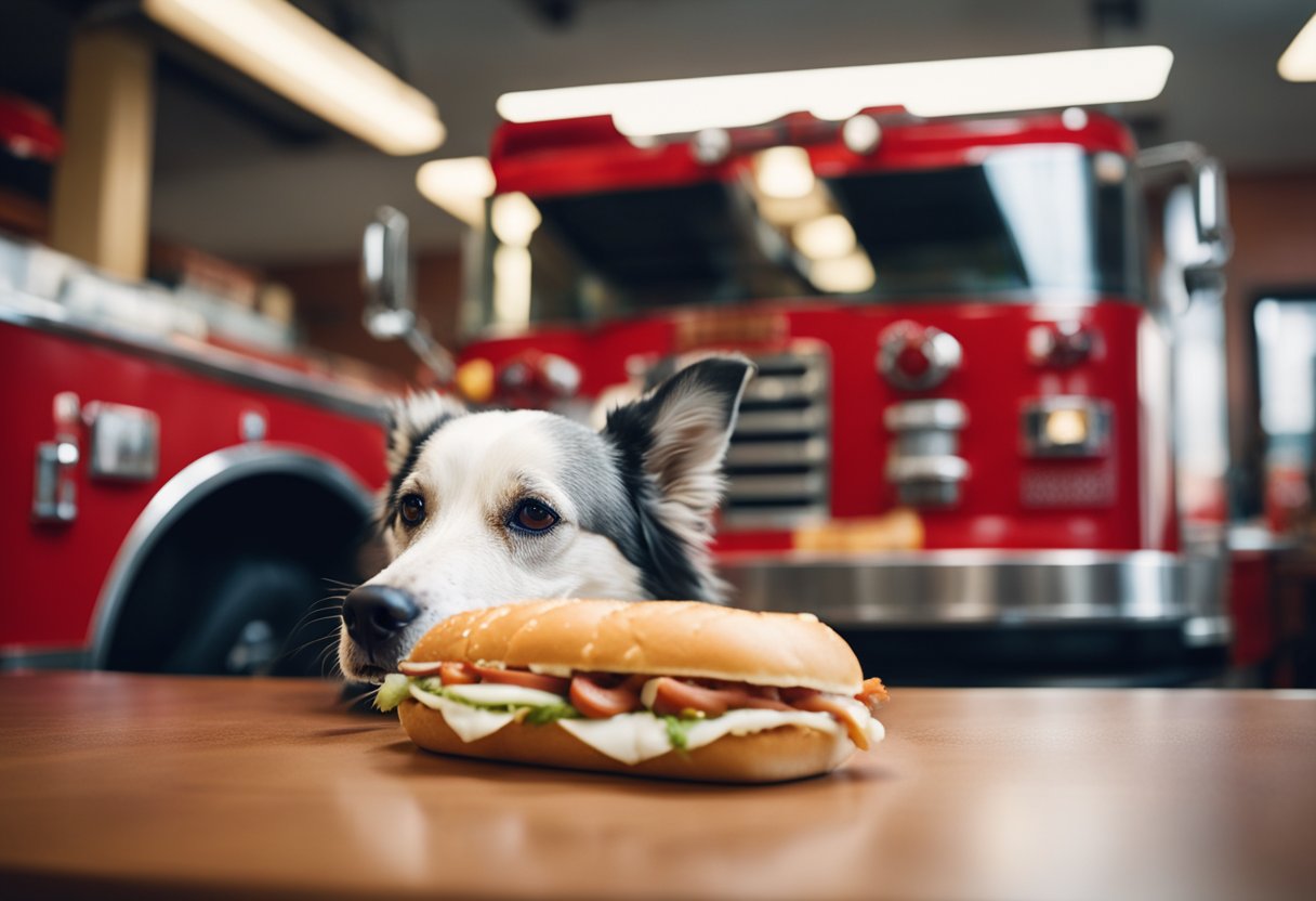 A dog eagerly sniffs a Firehouse Subs sandwich on a table, with a concerned owner looking on.