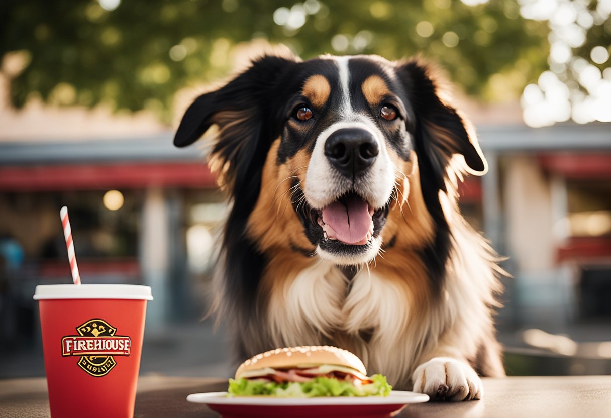 A happy dog eagerly eating a bowl of nutritious food, with a Firehouse Subs sandwich placed nearby, emphasizing the question "Can Dogs Eat Firehouse Subs?".