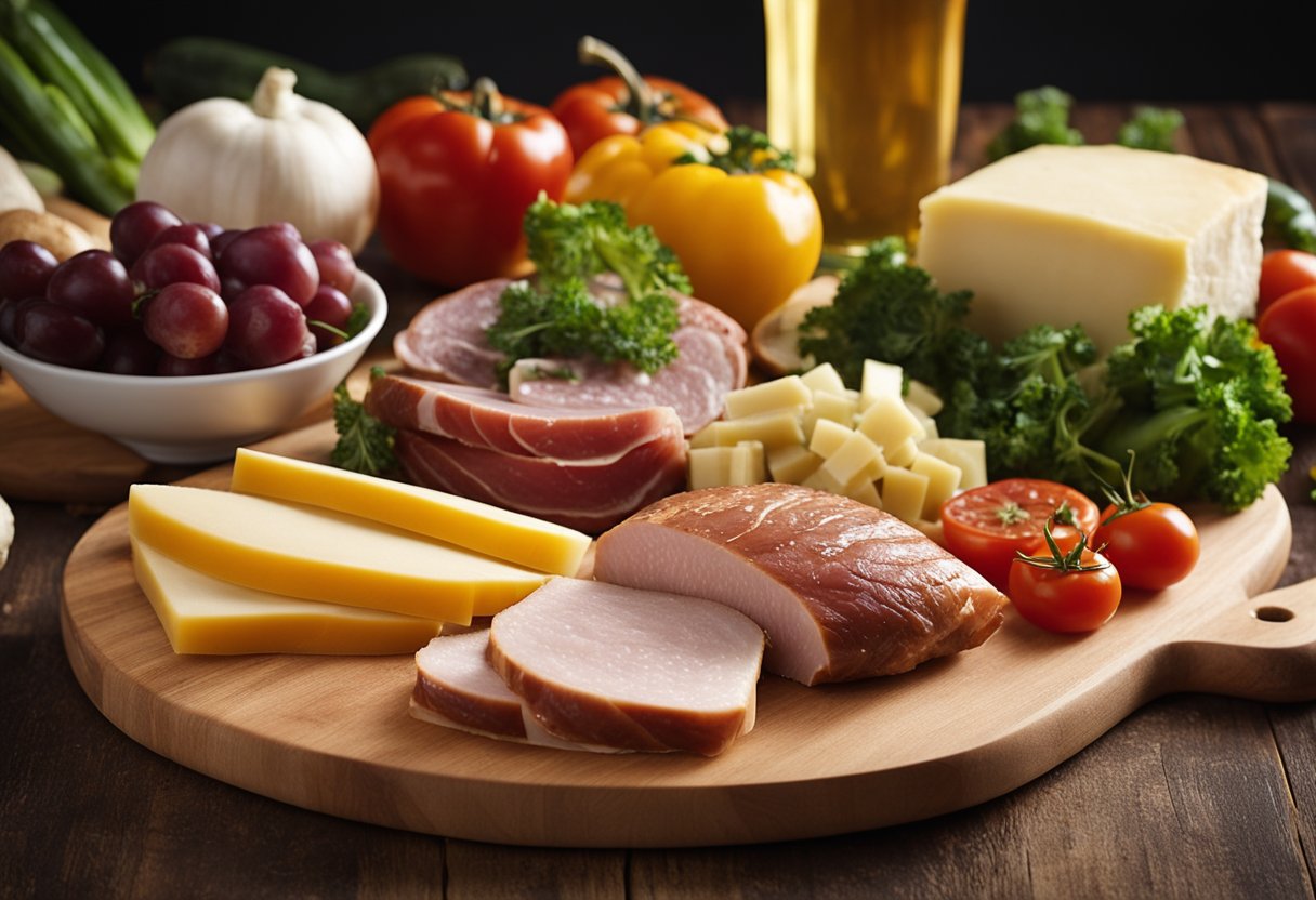 A variety of ingredients, including meats, cheeses, and vegetables, are neatly arranged on a cutting board, ready to be assembled into a Firehouse Sub.