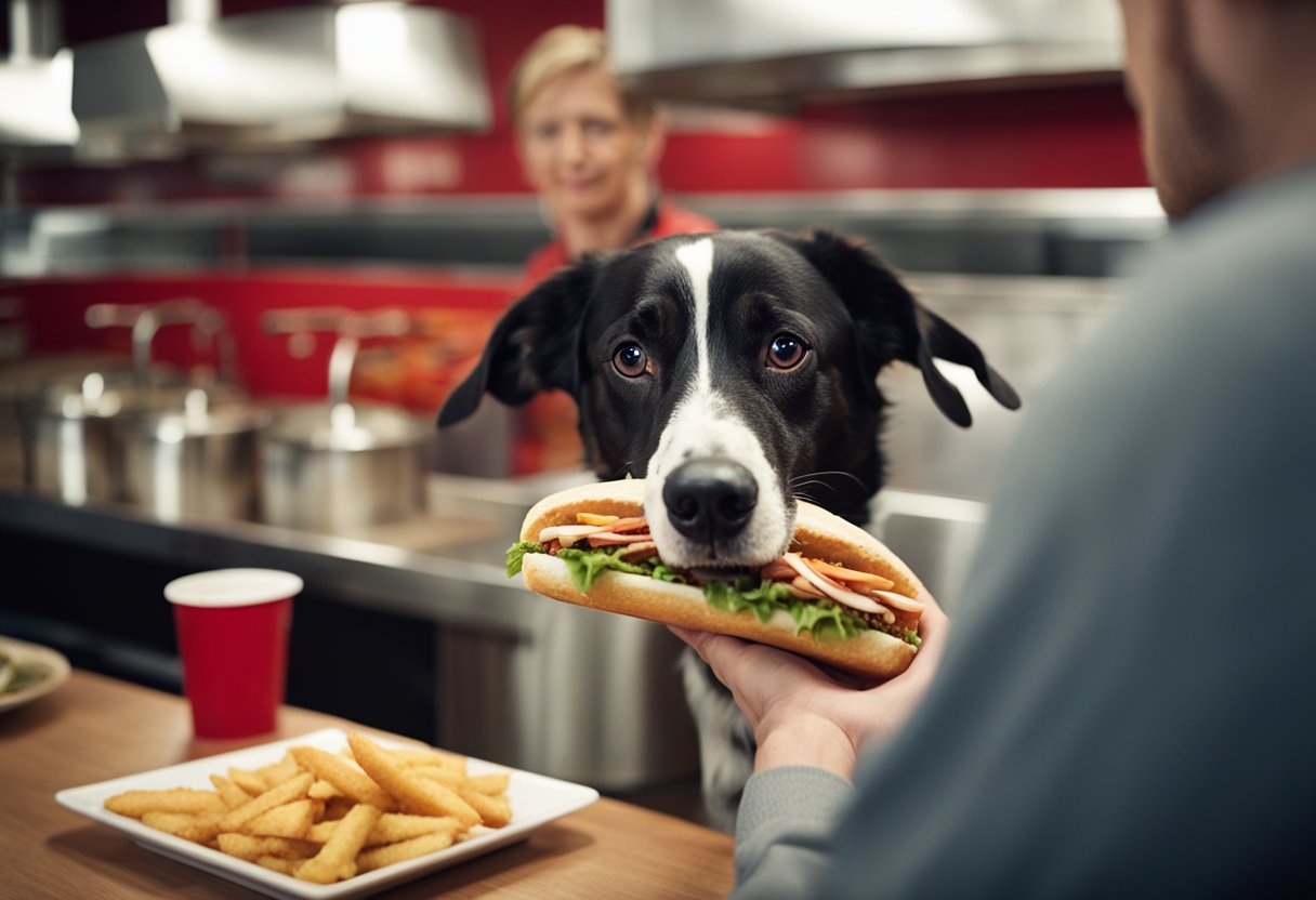 A dog eagerly eyes a Firehouse Subs sandwich, with a concerned owner looking on. The dog's tail wags as it sniffs the sandwich, while the owner holds a worried expression.