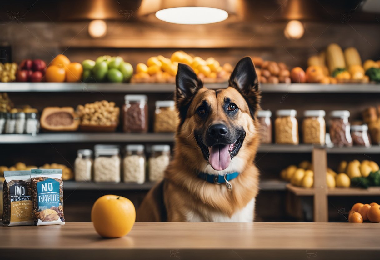 A happy dog sits next to a variety of safe food options, including fruits, vegetables, and dog-friendly treats. A "no" symbol is placed over a firehouse sub to indicate it is not safe for dogs.