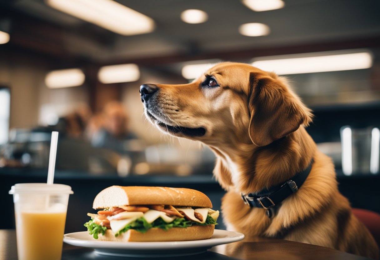 A happy dog eagerly eats a Firehouse Subs sandwich, with a concerned owner looking on.