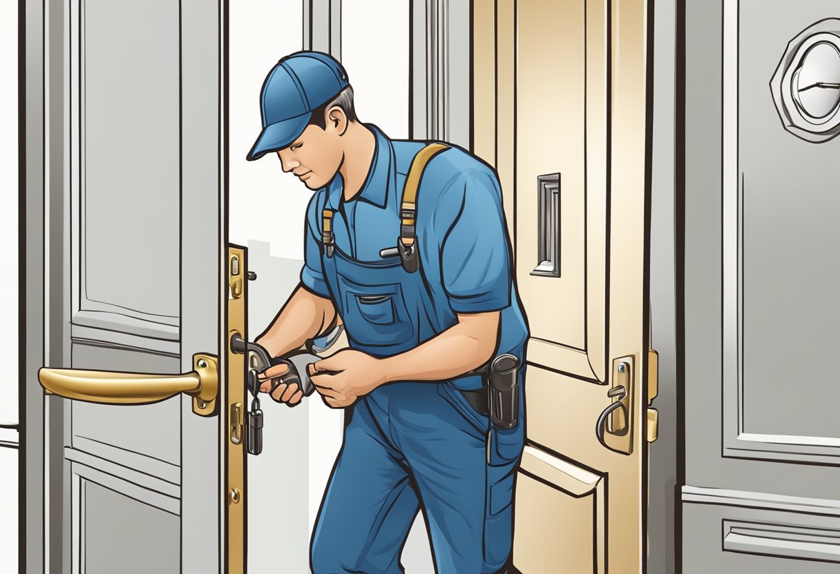 A locksmith changing a lock on a door in a residential setting