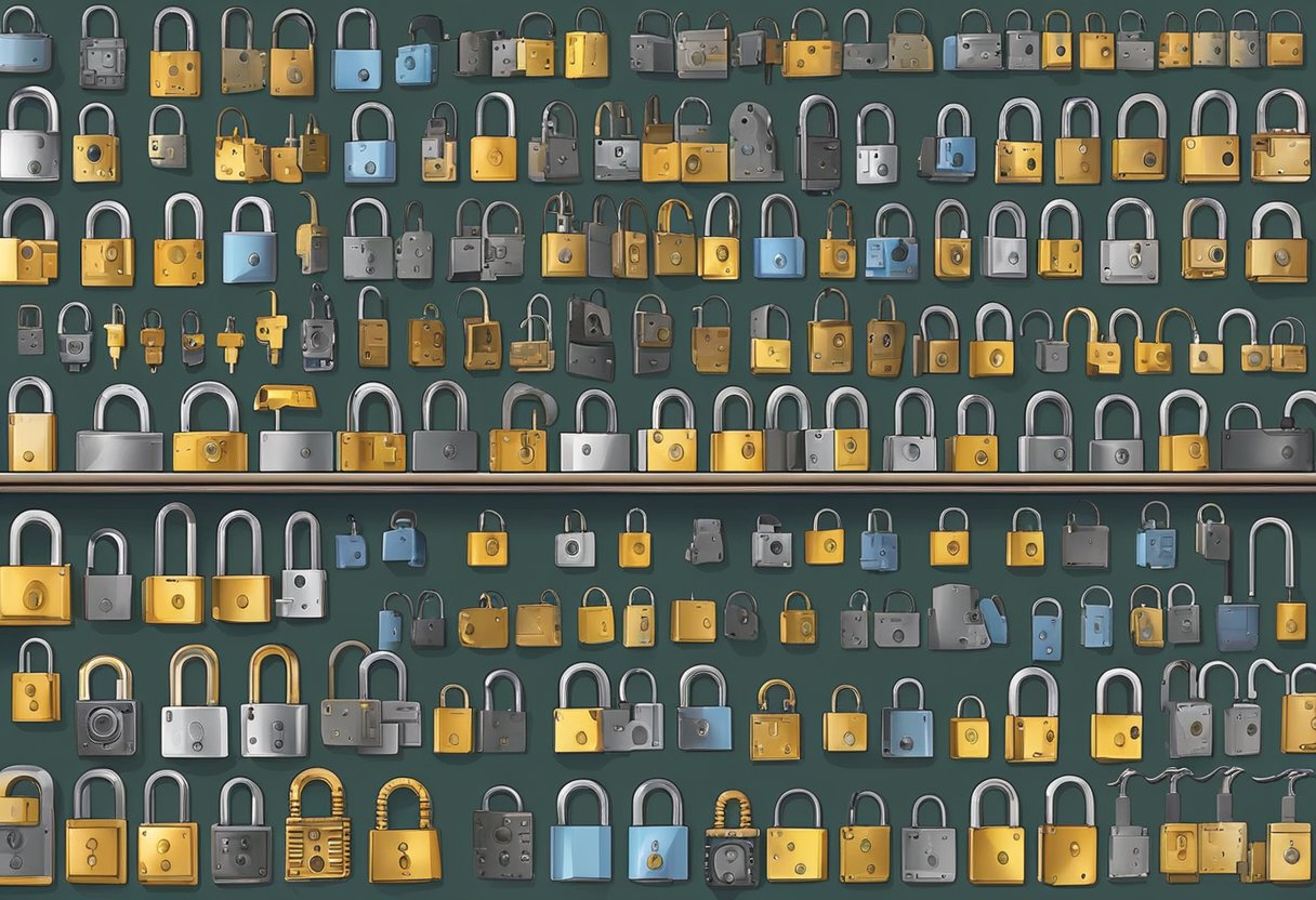 Various locks on display in a locksmith shop in Milton, FL. Different types and sizes available for lock change service