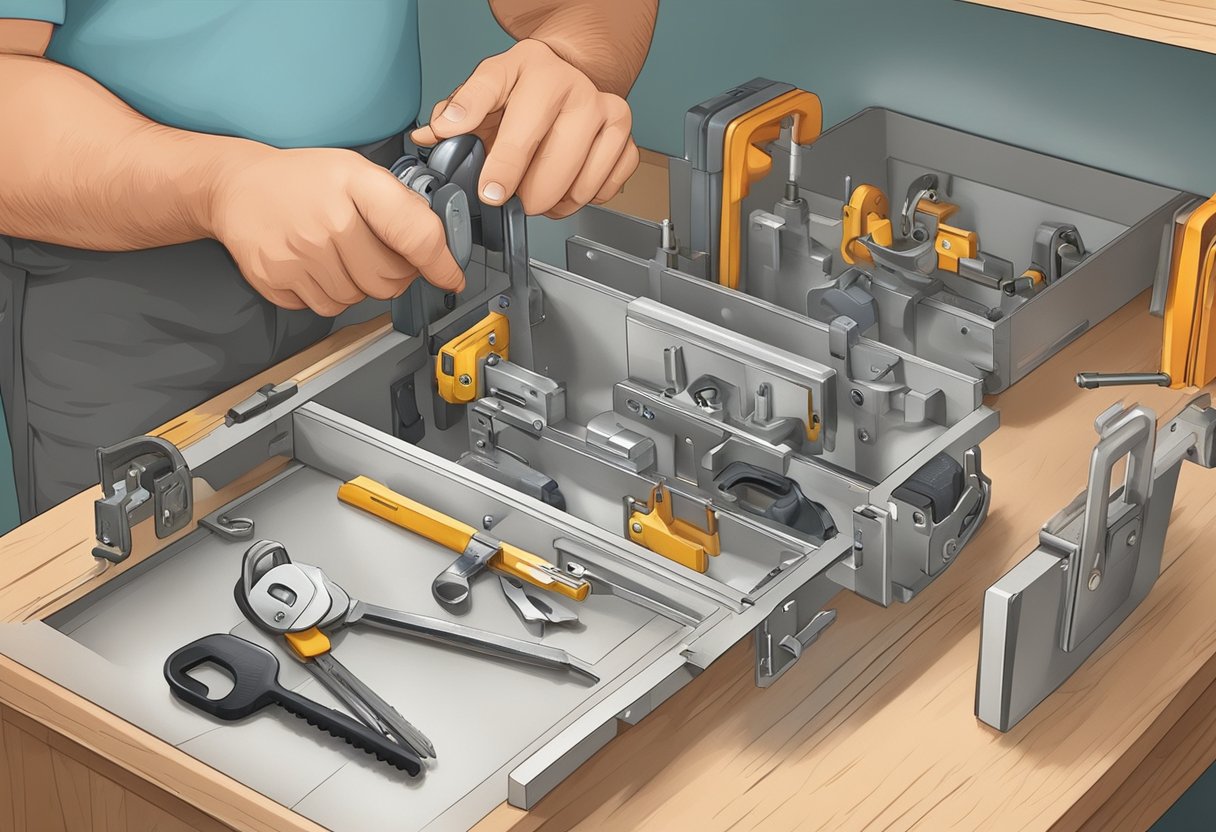 A locksmith replaces a residential lock in a well-lit room with tools and a new lock on a table