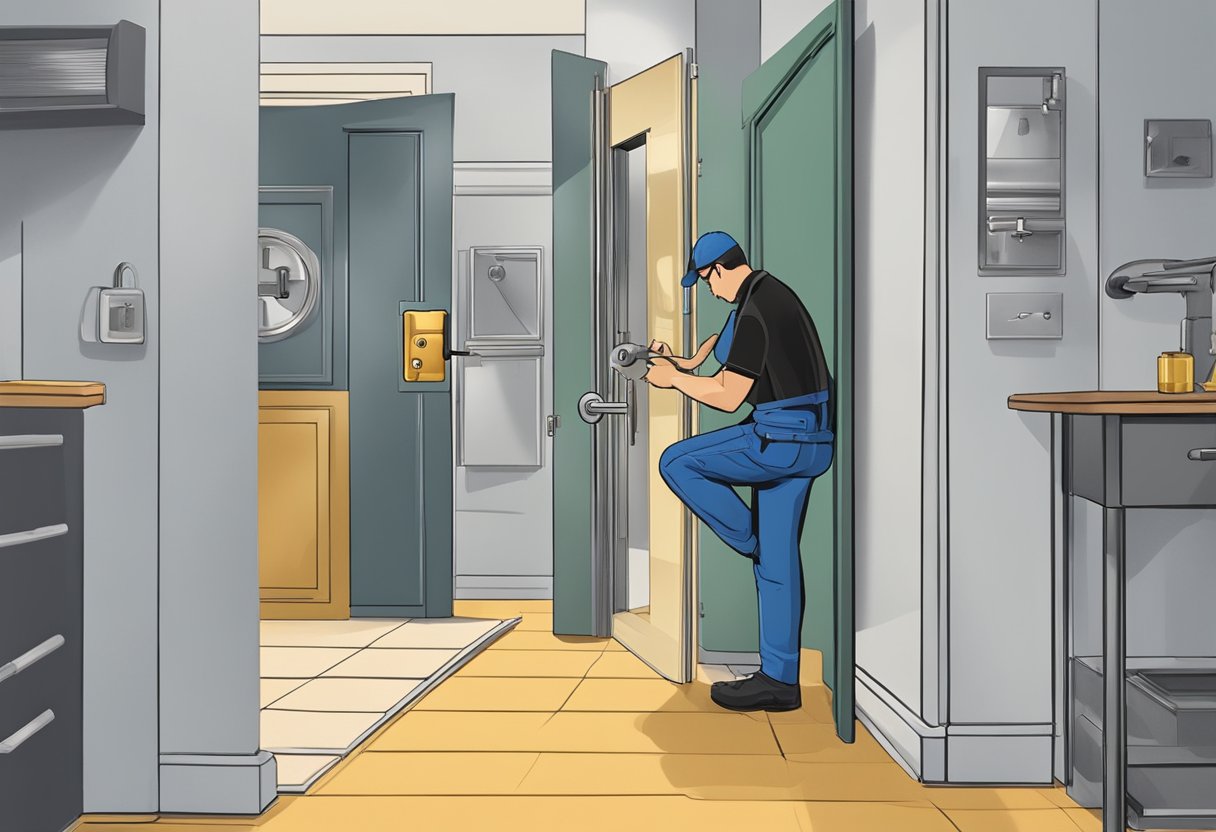 A locksmith swiftly changes a lock on a door in a commercial setting in Milton, FL. Tools and a new lock are visible on a nearby table