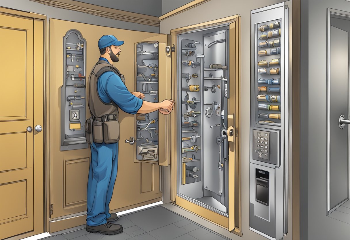 A locksmith in Milton, FL replaces a lock, surrounded by warranty and service guarantee logos