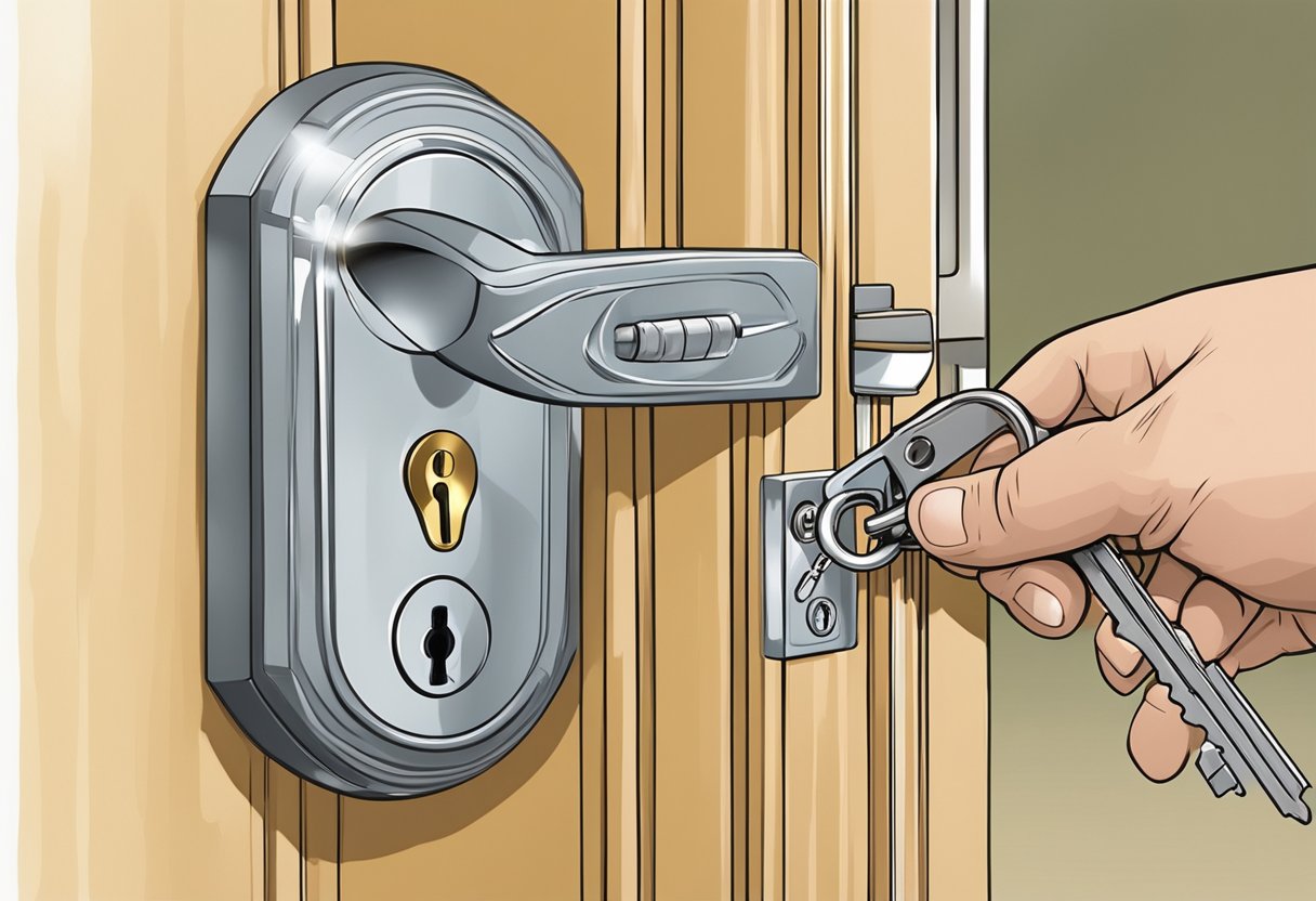 A locksmith's hand holds a key, while a door lock is being replaced in a well-lit room in Milton, FL