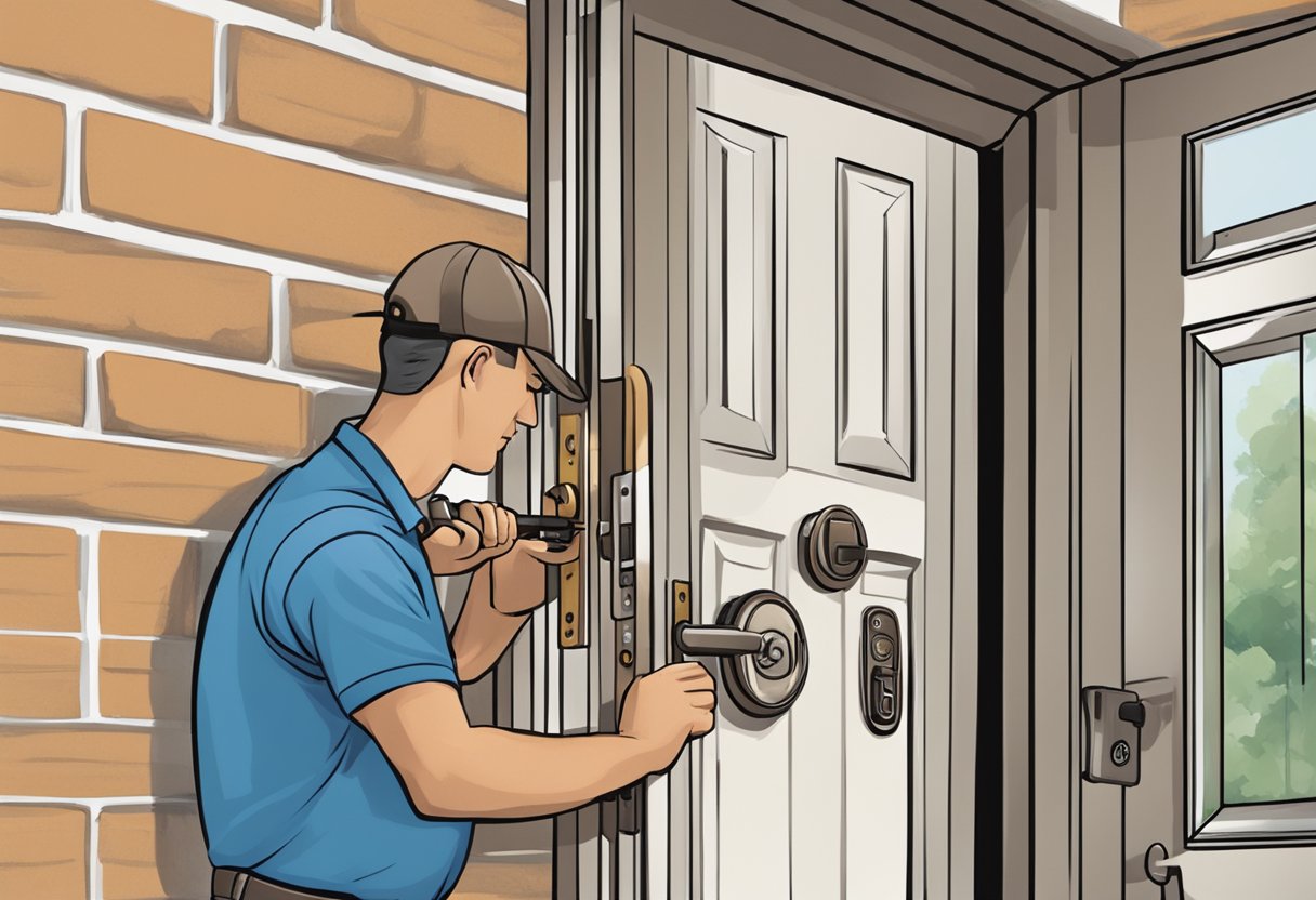 A locksmith changes a lock on a door in Milton, FL, while posting safety tips nearby