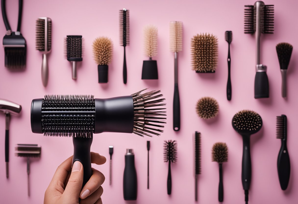 A hand holding different types of hair dryer brushes, with a variety of hair types and lengths displayed in the background