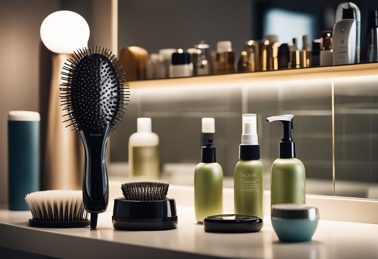 A hand holding a hairbrush dryer, surrounded by hair care products and a mirror