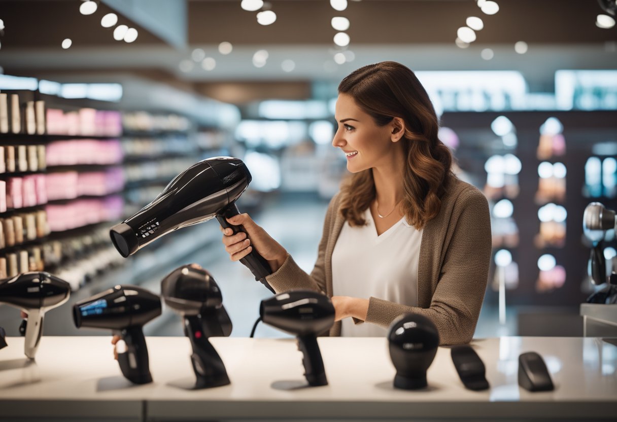 Uma mulher comparando diferentes secadores de cabelo em uma loja bem iluminada, examinando características e lendo rótulos de produtos