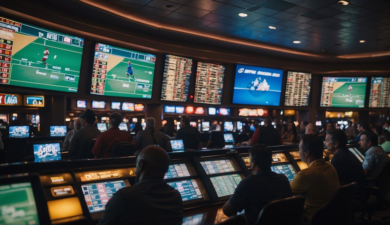 People placing bets at a sportsbook in Florida. Odds boards and TV screens displaying games. Excitement and anticipation in the air