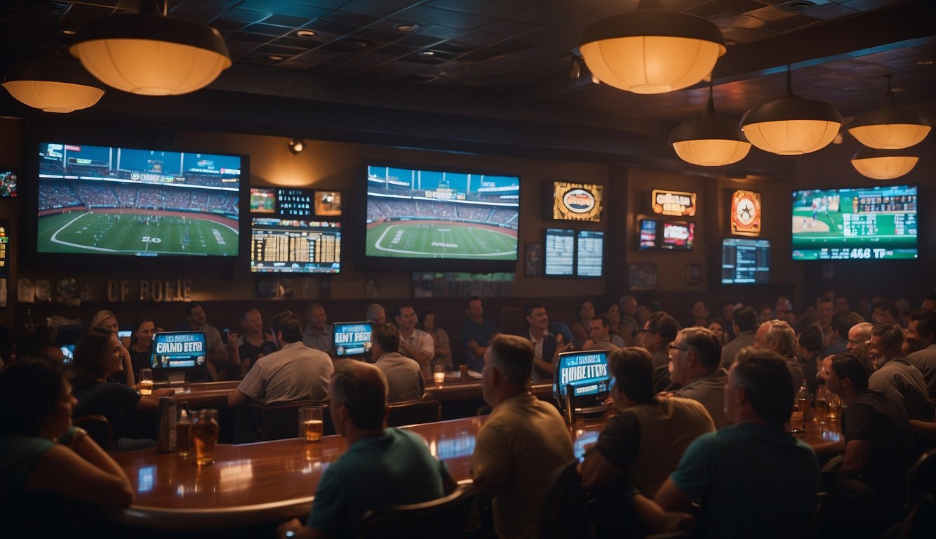 Fans cheer at a crowded sports bar in Florida, placing bets on professional teams. A sign reads "Sports Betting Legal in Florida."