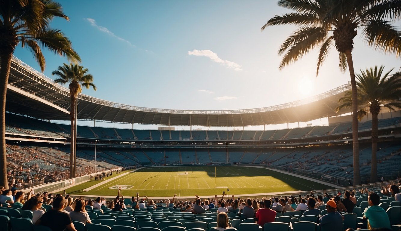 A colorful stadium surrounded by palm trees, with fans cheering and holding banners for fantasy sports and daily fantasy sports in Florida