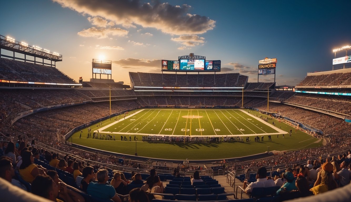 A bustling Florida city skyline with sports stadiums and a vibrant atmosphere, hinting at the potential for legalized sports betting in the state