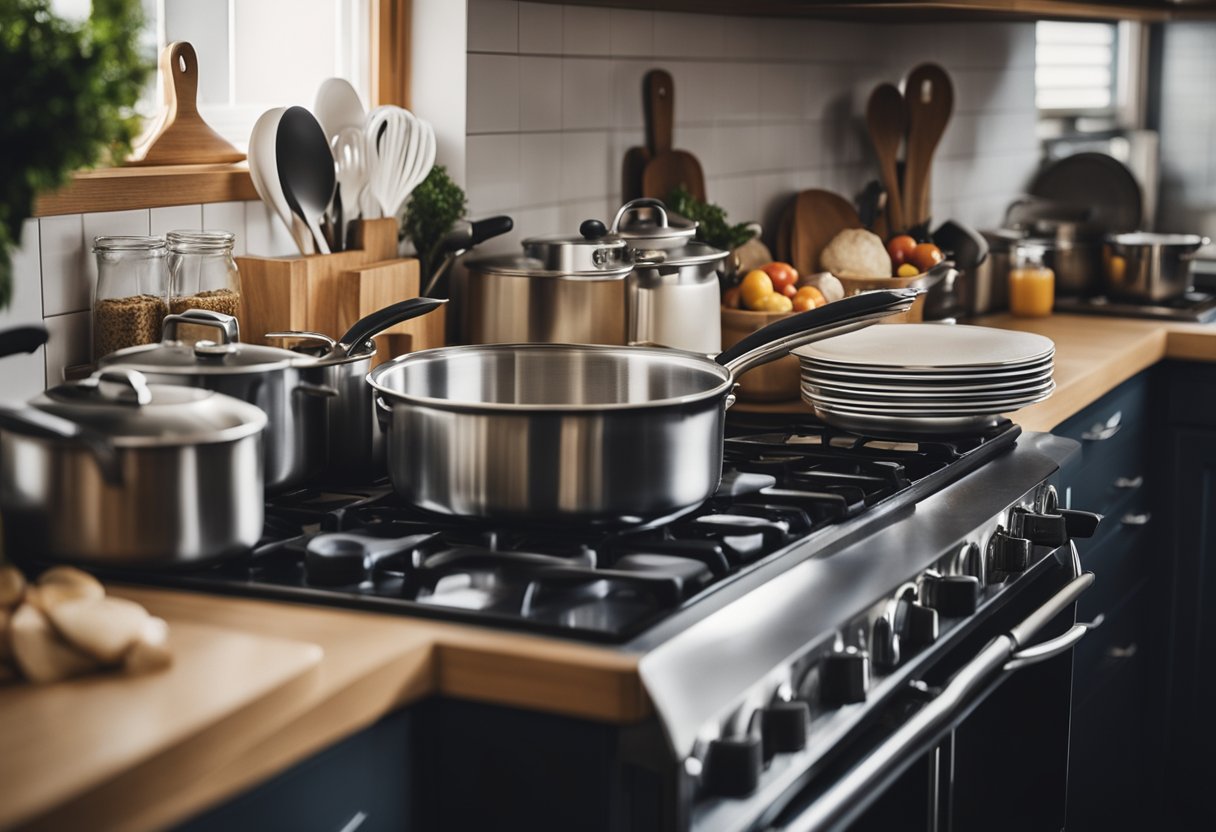 A busy kitchen with a sink full of dishes, a stove with pots bubbling, and a counter covered in groceries and cooking utensils