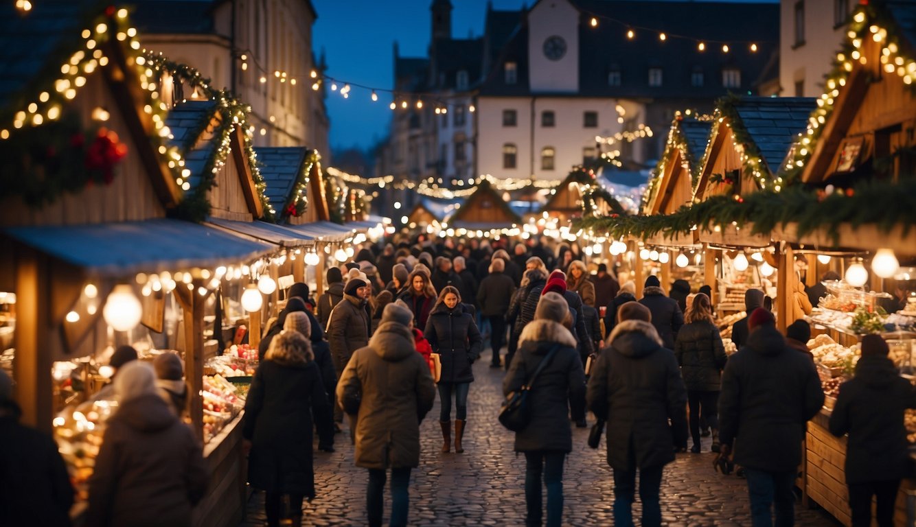 A bustling Christmas market with colorful stalls, twinkling lights, and festive decorations. Crowds of people browse and shop, while holiday music fills the air