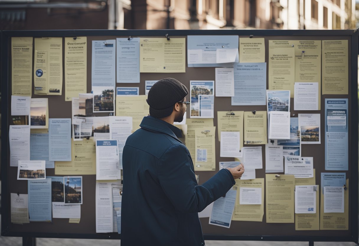 A person standing in front of a community notice board, pinning up flyers and organizing information for a neighborhood event