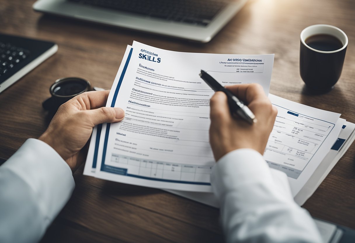 A hand holding a diploma and a checklist of skills and qualifications