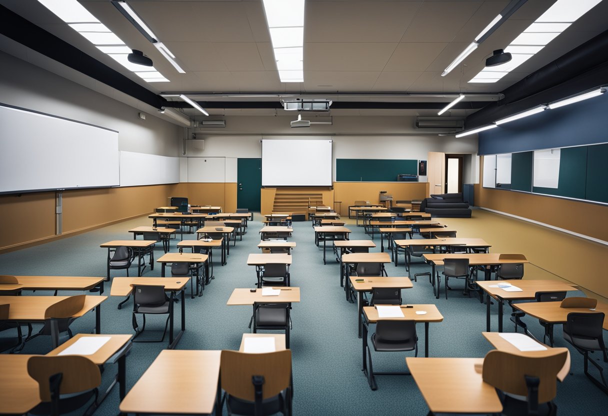 A classroom with rows of desks, a whiteboard at the front, and a projector screen. Materials such as training manuals and handouts are neatly organized on the desks