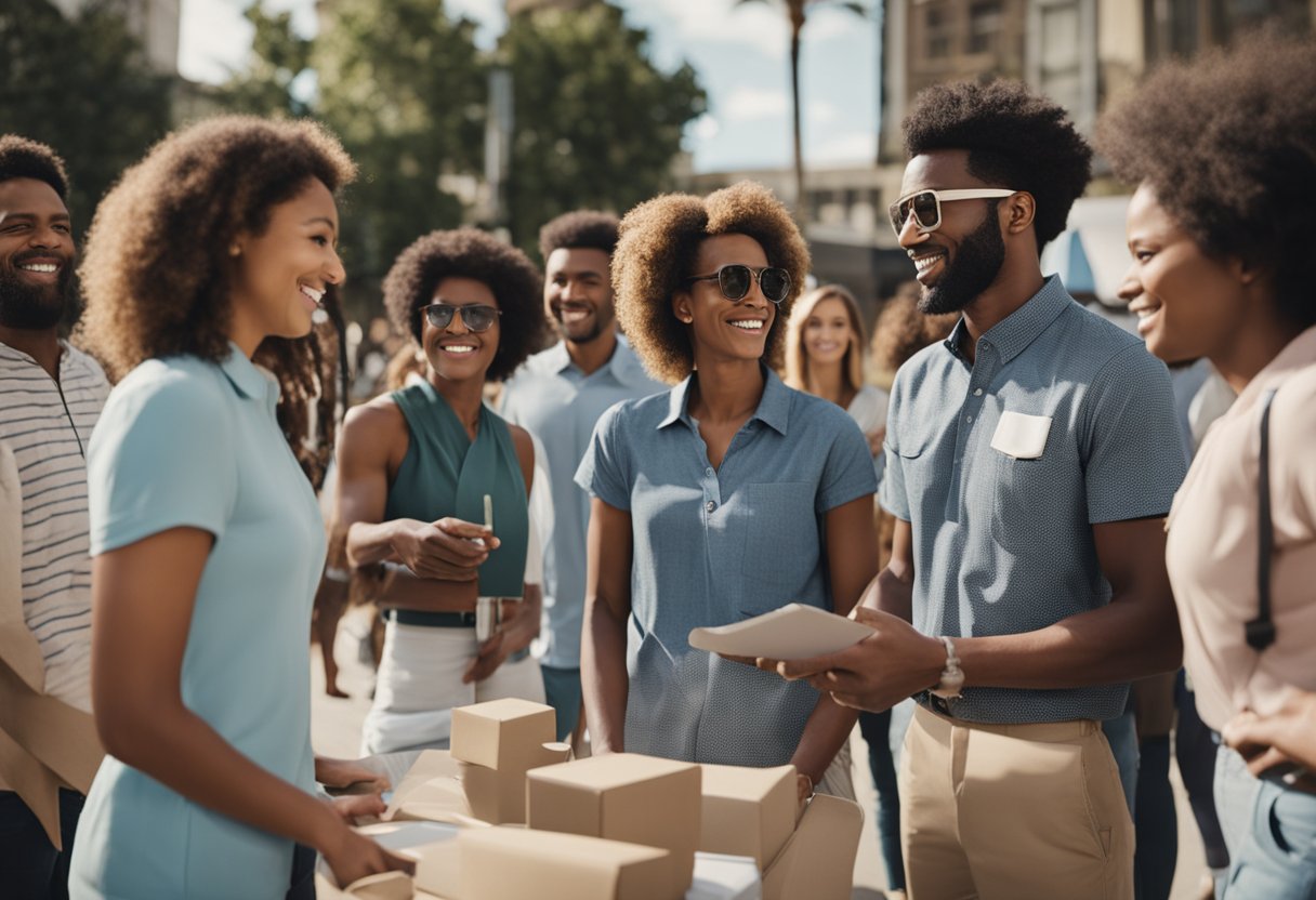 A group of block coordinators organizing and leading a community event, with people gathered around them and engaging in various activities