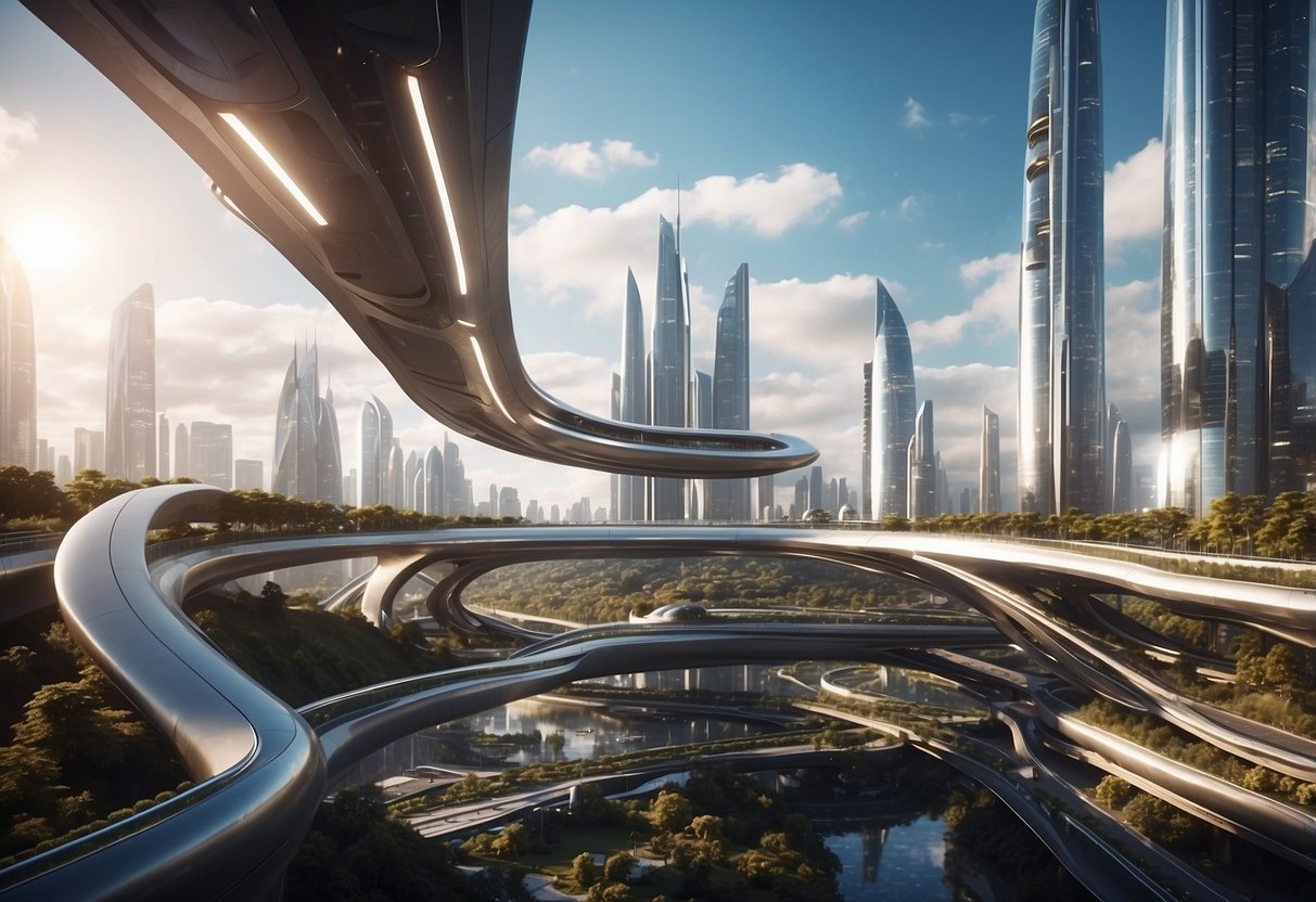 A futuristic cityscape with sleek, advanced buildings and flying vehicles, showcasing cutting-edge technology and innovation
