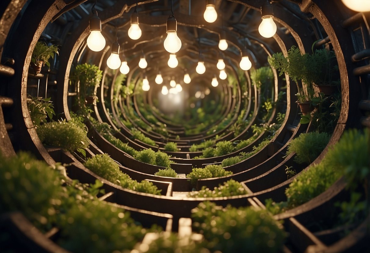 A maze of obstacles with a shining light at the center, surrounded by gears, lightbulbs, and sprouting plants