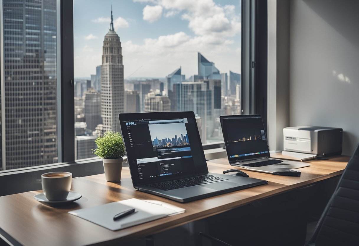 An office desk with a computer, phone, and documents. A wall with iCRC USA logo and a view of the city skyline through a window